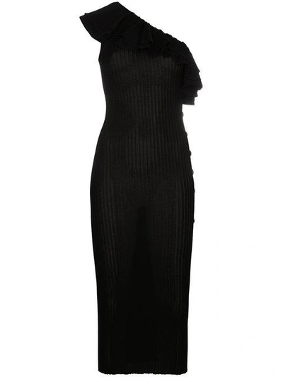 Balmain Ruffled One-shoulder Ribbed-knit Midi Dress In Black