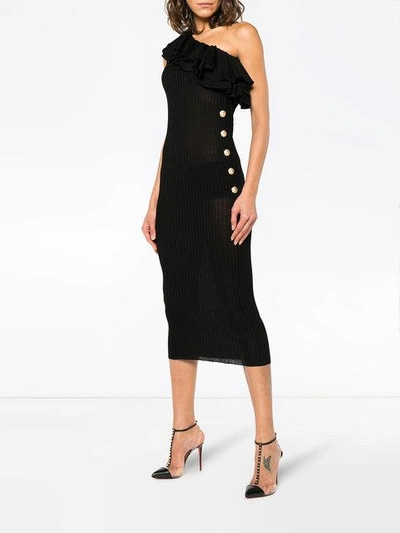 Balmain Ruffled One-shoulder Ribbed-knit Midi Dress In Black