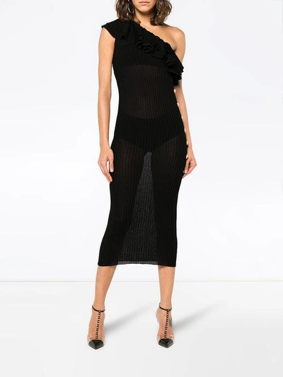 Balmain Ruffled One-shoulder Ribbed-knit Midi Dress In Black