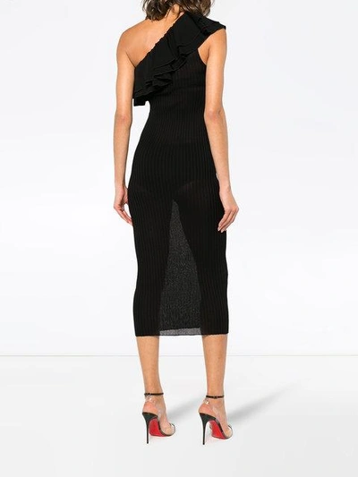 Balmain Ruffled One-shoulder Ribbed-knit Midi Dress In Black