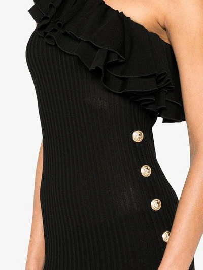 Balmain Ruffled One-shoulder Ribbed-knit Midi Dress In Black