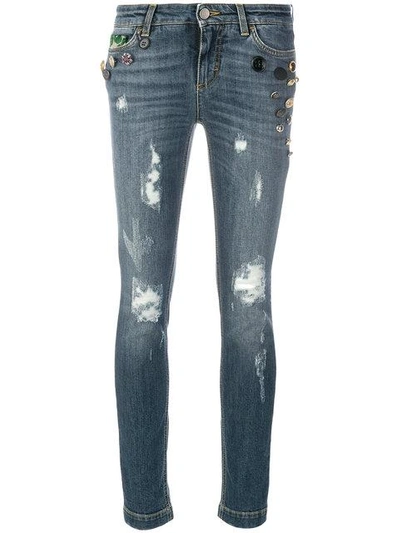 Shop Dolce & Gabbana Button Embellished And Brocade Appliqué Distressed Jeans - Blue