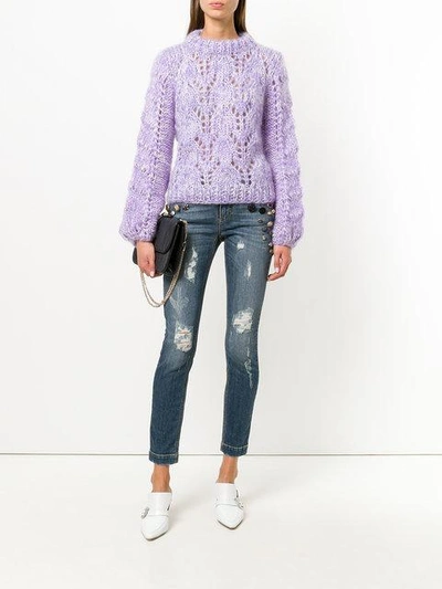 Shop Dolce & Gabbana Button Embellished And Brocade Appliqué Distressed Jeans - Blue