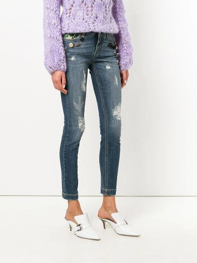 Dolce & Gabbana Button Embellished And Brocade Appliqué Distressed Jeans - Blue In Blue