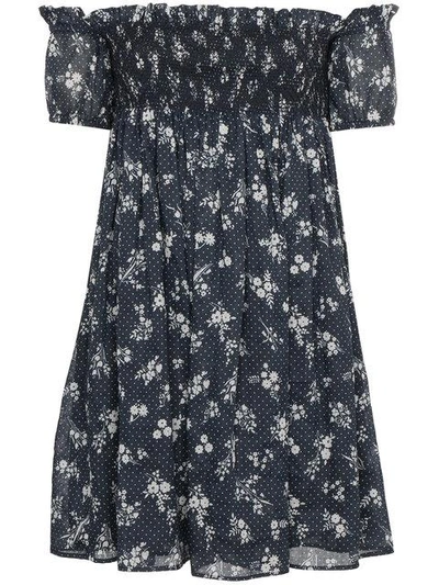 Shop Miu Miu Shirred Off The Shoulder Floral Bardot Dress - Blue