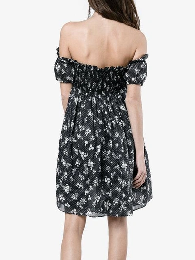 Shop Miu Miu Shirred Off The Shoulder Floral Bardot Dress - Blue