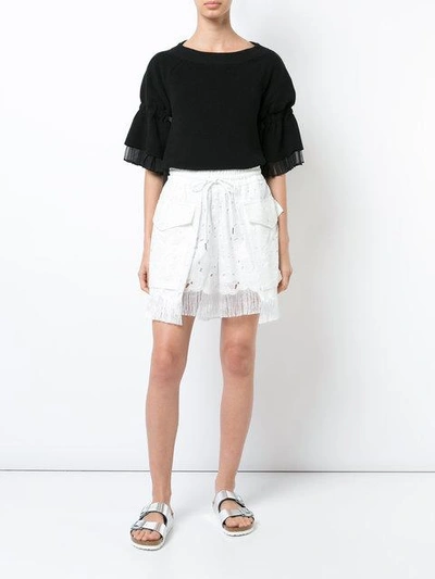 Shop Sacai Embroidered Fringed Shorts - White