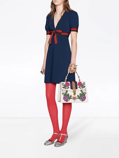 Shop Gucci Jersey V-neck Dress With Web In Blue