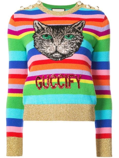 Shop Gucci Embroidered Stripe Knit Sweater In Multicolour