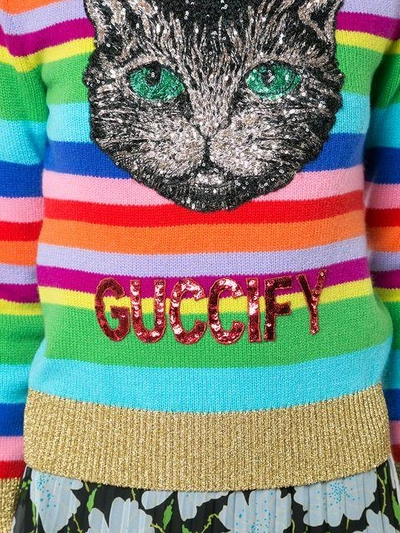 Gucci Embellished Cat Striped Crewneck Jumper In Multicolour