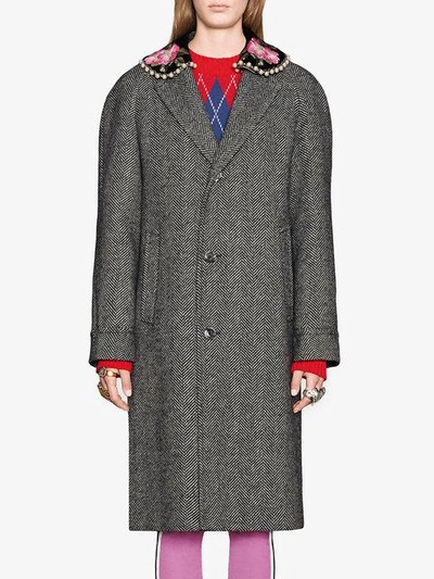 Shop Gucci Herringbone Coat With Embroidery In Grey