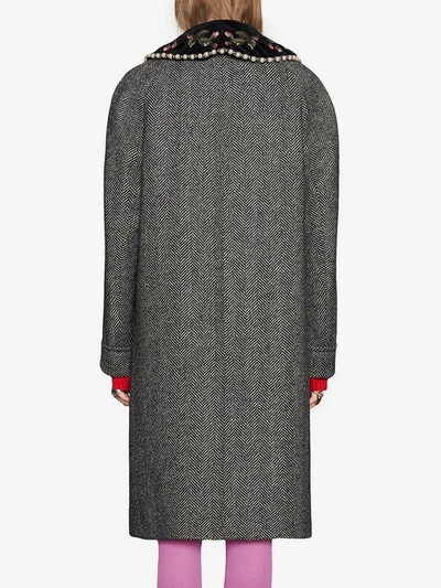 Shop Gucci Herringbone Coat With Embroidery In Grey