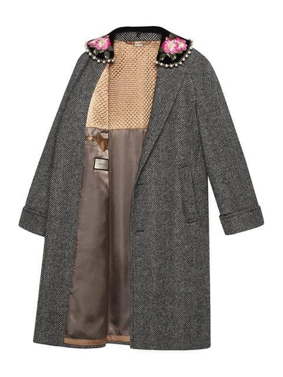 Shop Gucci Herringbone Coat With Embroidery In Grey