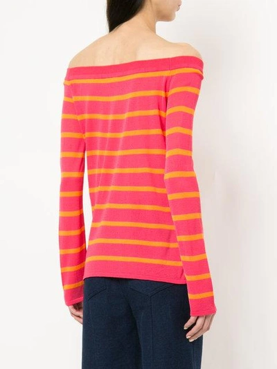 Shop Goen J Striped Off The Shoulder Sweater In Pink & Purple