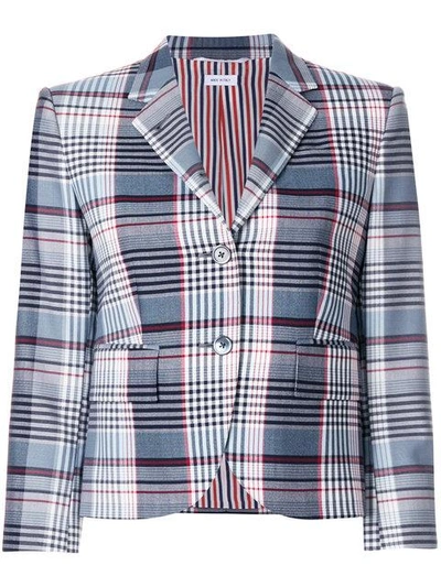 Shop Thom Browne Classic Single Breasted Sport Coat In Large Madras Check Wool Suiting - Blue