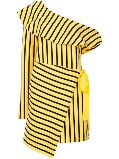 Shop Goen J Striped One Shoulder Dress In Yellow & Orange