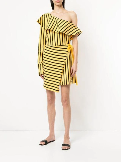 Shop Goen J Striped One Shoulder Dress In Yellow & Orange