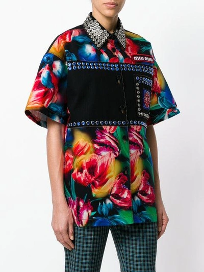 Shop Miu Miu Embellished Floral Print Shirt In Black