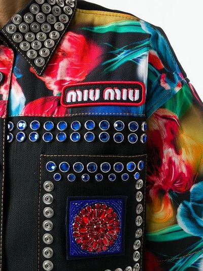 Shop Miu Miu Embellished Floral Print Shirt In Black