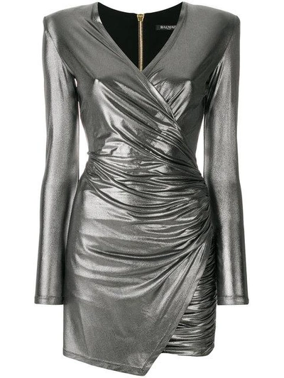 Balmain Metallic V neck Dress ModeSens