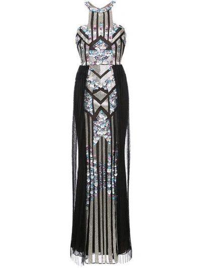 Shop Marchesa Notte Pleated Sequined Column Gown In Black