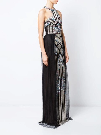 Shop Marchesa Notte Pleated Sequined Column Gown In Black
