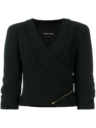 Shop Giorgio Armani Wrap Front Cropped Jacket In Black