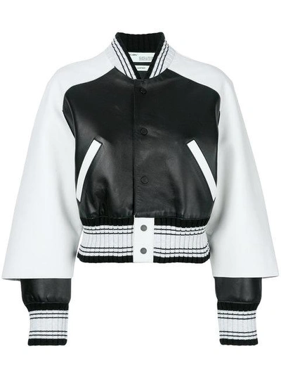 Jacket Makers Women's Virgil Abloh Off-White Black Varsity Jacket with Striped Sleeves