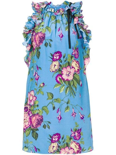 Shop Gucci Floral Print Tunic Top In Blue