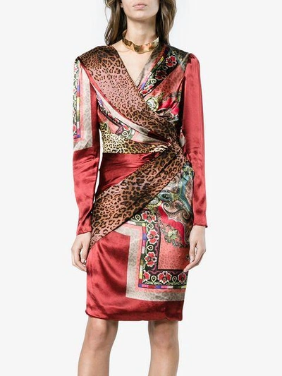 Shop Etro Mixed Print Wrap Dress - Red