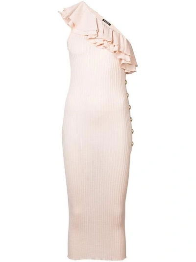 Shop Balmain Ruffle-trimmed Knit Dress In Pink