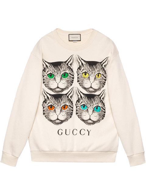 Gucci Mystic Cat Logo Print Cotton Jersey Sweatshirt In Neutrals Modesens