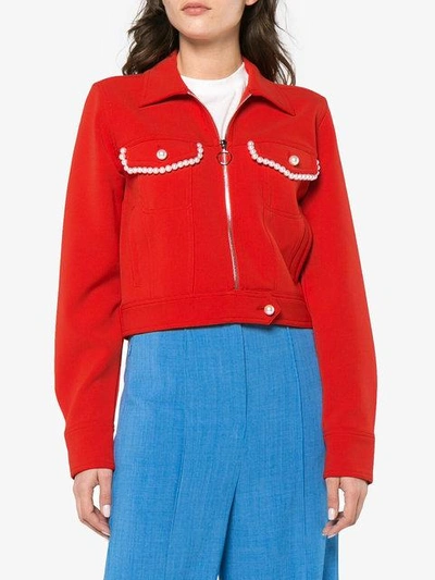 Shop Adam Selman Faux Pearl Embellished Crop Jacket - Red