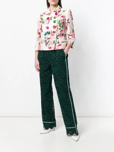 Shop Dolce & Gabbana High Waist Lace Trousers With Contrast Piped Trim In Green