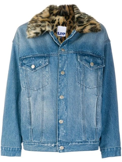 Shop Sjyp Leopard Print Collar Denim Jacket