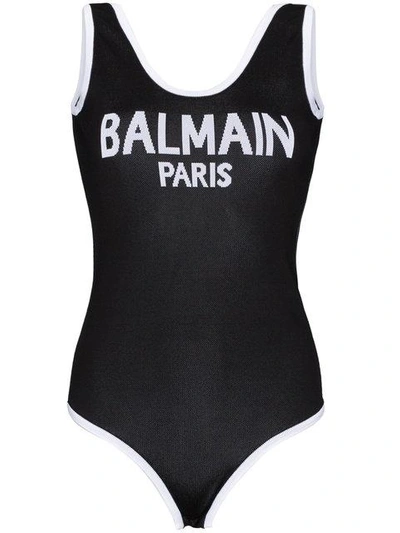 Shop Balmain Scoop Back Logo Bodysuit In Black