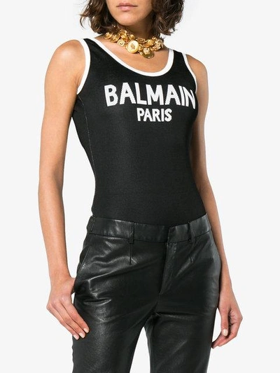 Shop Balmain Scoop Back Logo Bodysuit In Black