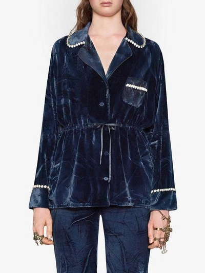 Shop Gucci Velvet Pajama Shirt In Blue