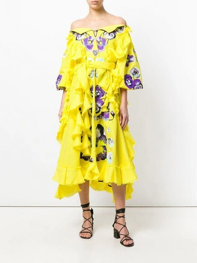 Shop Yuliya Magdych Pansies Ruffle Trim Dress In Yellow W/purple