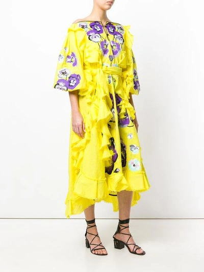 Shop Yuliya Magdych Pansies Ruffle Trim Dress In Yellow W/purple