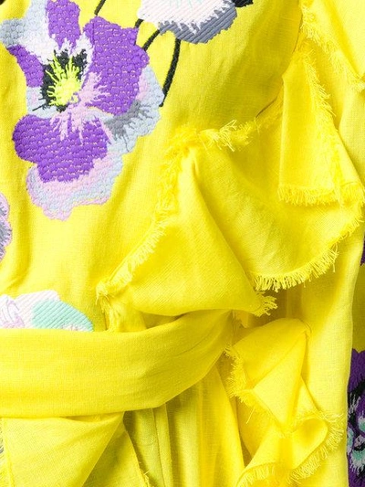 Shop Yuliya Magdych Pansies Ruffle Trim Dress In Yellow W/purple