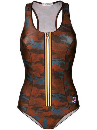 Shop Faith Connexion Camouflage Print Zip Swimsuit In Brown