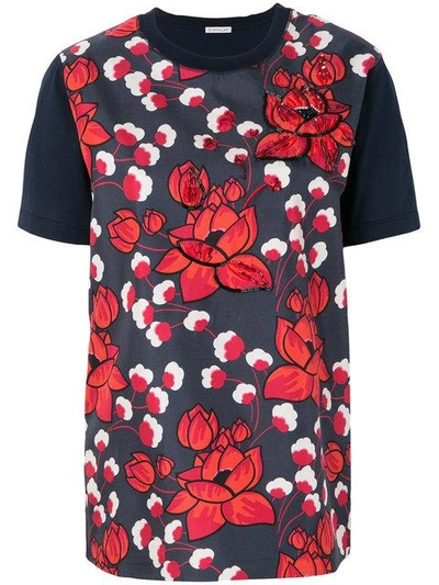 Shop Moncler Floral Appliqué T-shirt In Blue