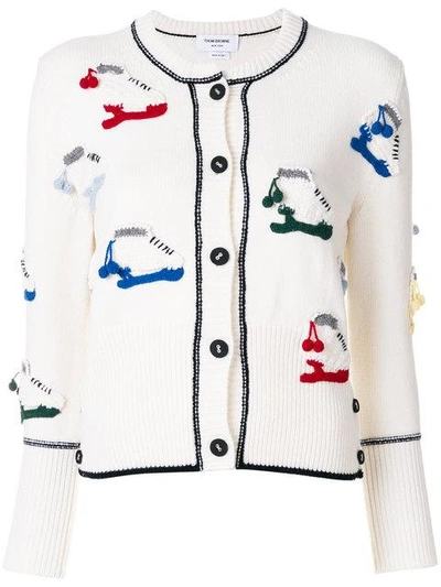 Shop Thom Browne Classic Crewneck Cardigan With Crochet Ice Skate Applique In Fine Merino Wool - White