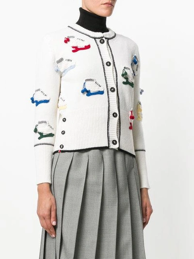 Shop Thom Browne Classic Crewneck Cardigan With Crochet Ice Skate Applique In Fine Merino Wool - White