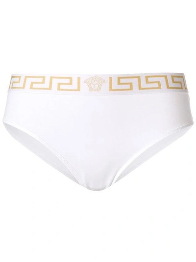 Shop Versace Grecca Waistband Briefs In White