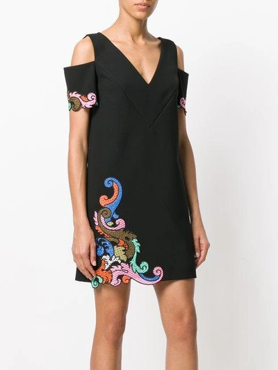 Shop Versace Off The Shoulder Embroidered Dress In Black