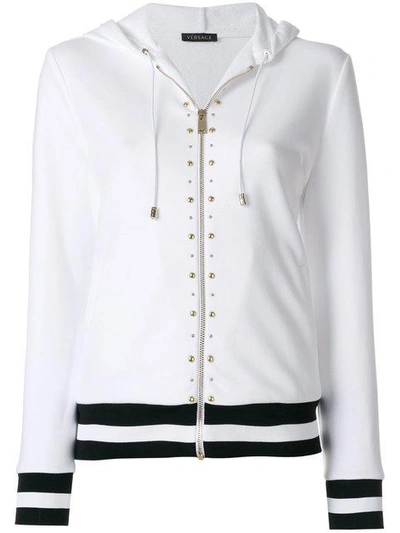 Shop Versace Studded Stripe Detail Zipped Hoodie In White