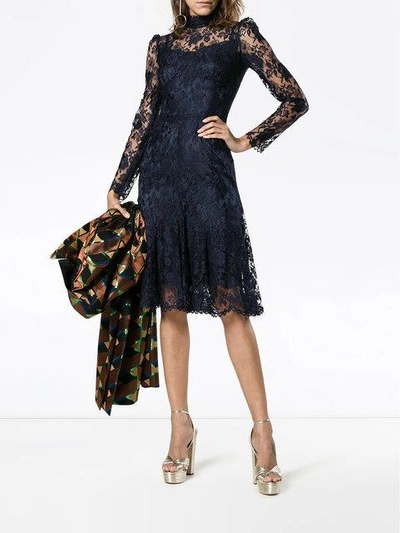 Shop Dolce & Gabbana High Neck Lace Midi Dress - Blue