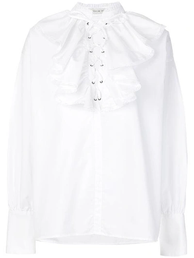 Shop Etro Lace-up Ruffle Bib Shirt In White